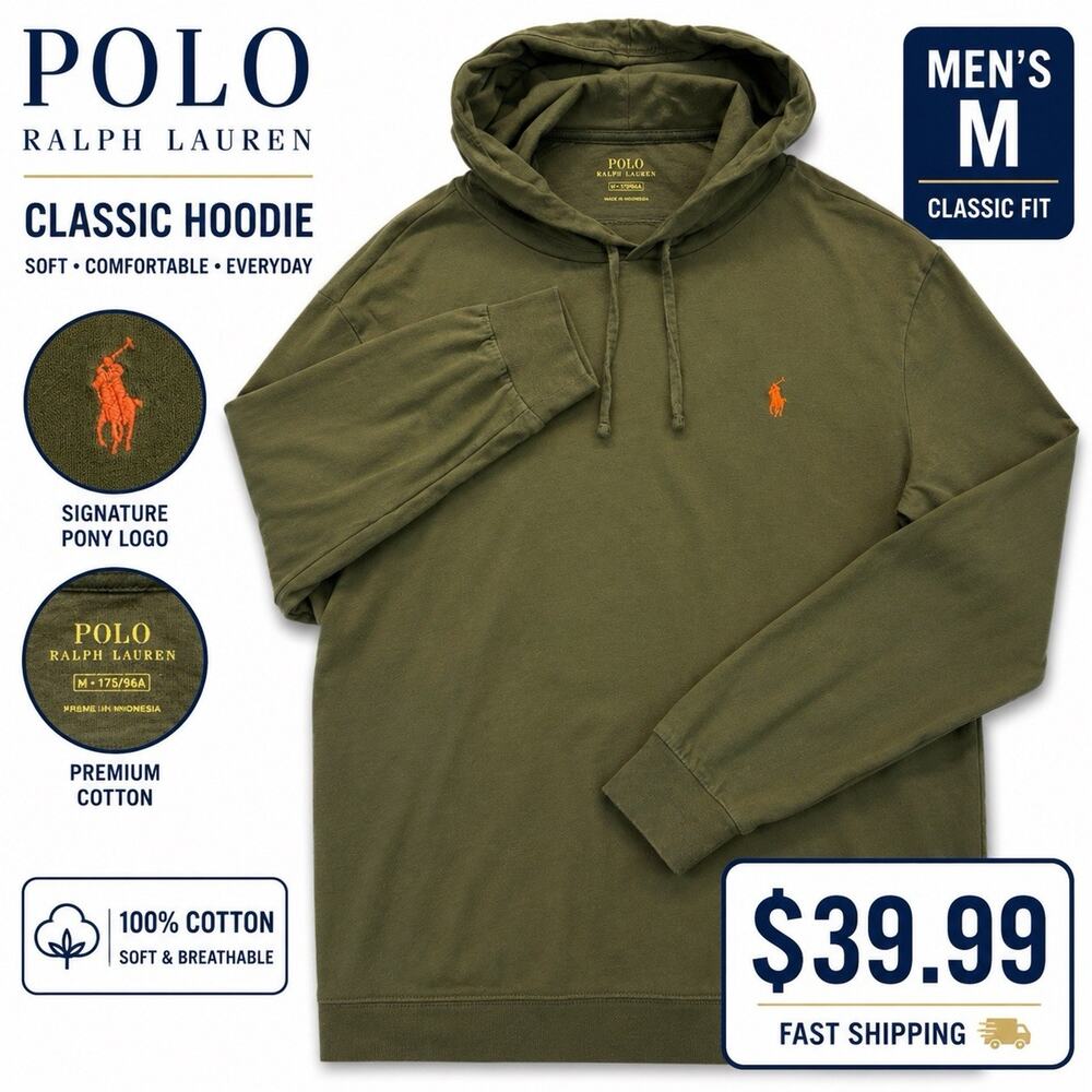 Polo Ralph Lauren Hoodie Men’s M Olive Green Long Sleeve Pony Logo Cotton